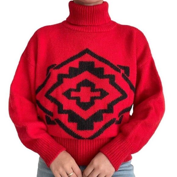 Vintage 80s Boundary Waters Red Wool Blend Geometric Retro Turtleneck Sweater - Picture 2 of 8